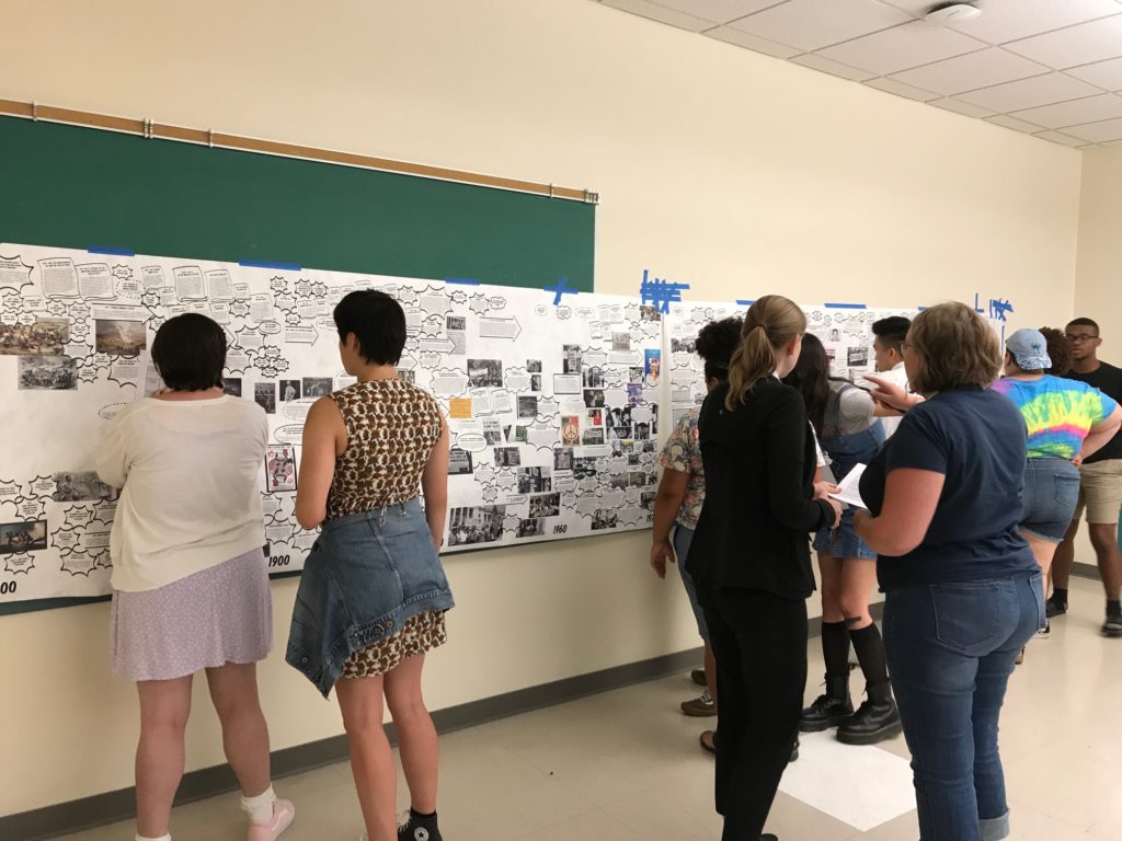 Youth look at a timeline of LGBTQ history