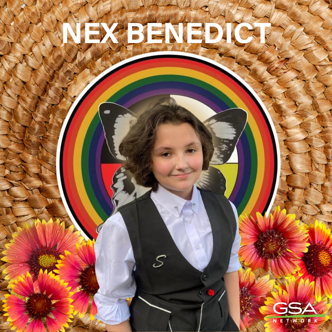 a smiling photo of Nex in front of our Two-Spirit Initiative logo and sunflower graphics at the bottom. The background is a basket weave texture.